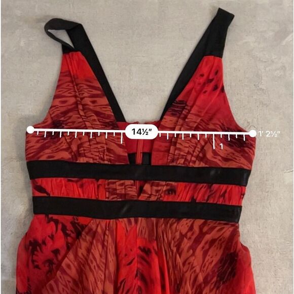 100% Silk Low Cut Red Gown Midi Dress Ruffle Hem Women’s XS - Picture 8 of 11